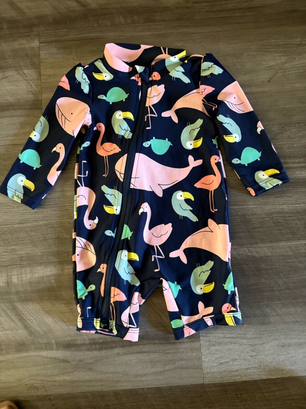 Carter's Navy One-Piece Swim Romper with Pink & Mint Bird Print